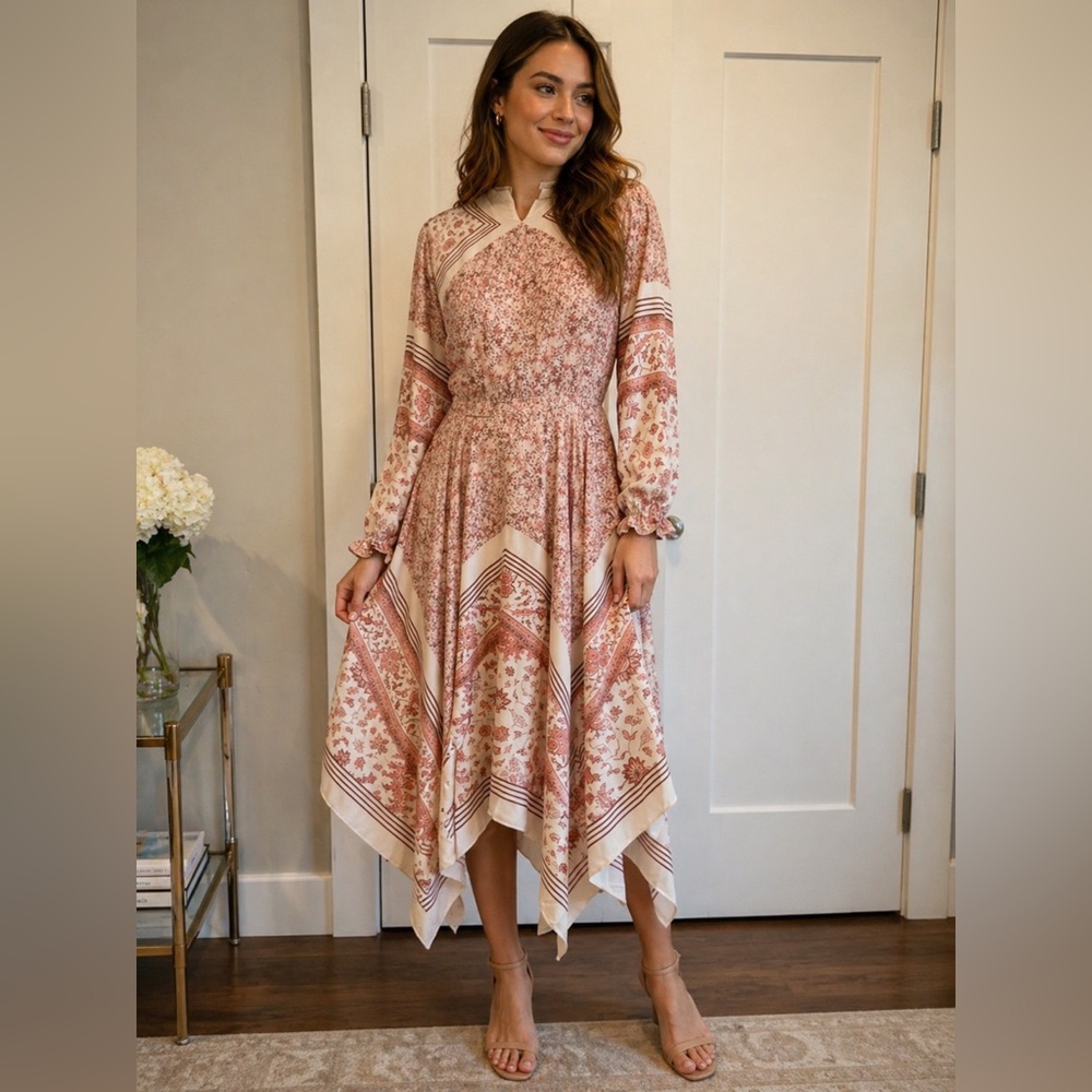 Long-Sleeve Floral Handkerchief Hem Dress in Dusty Pink and Cream